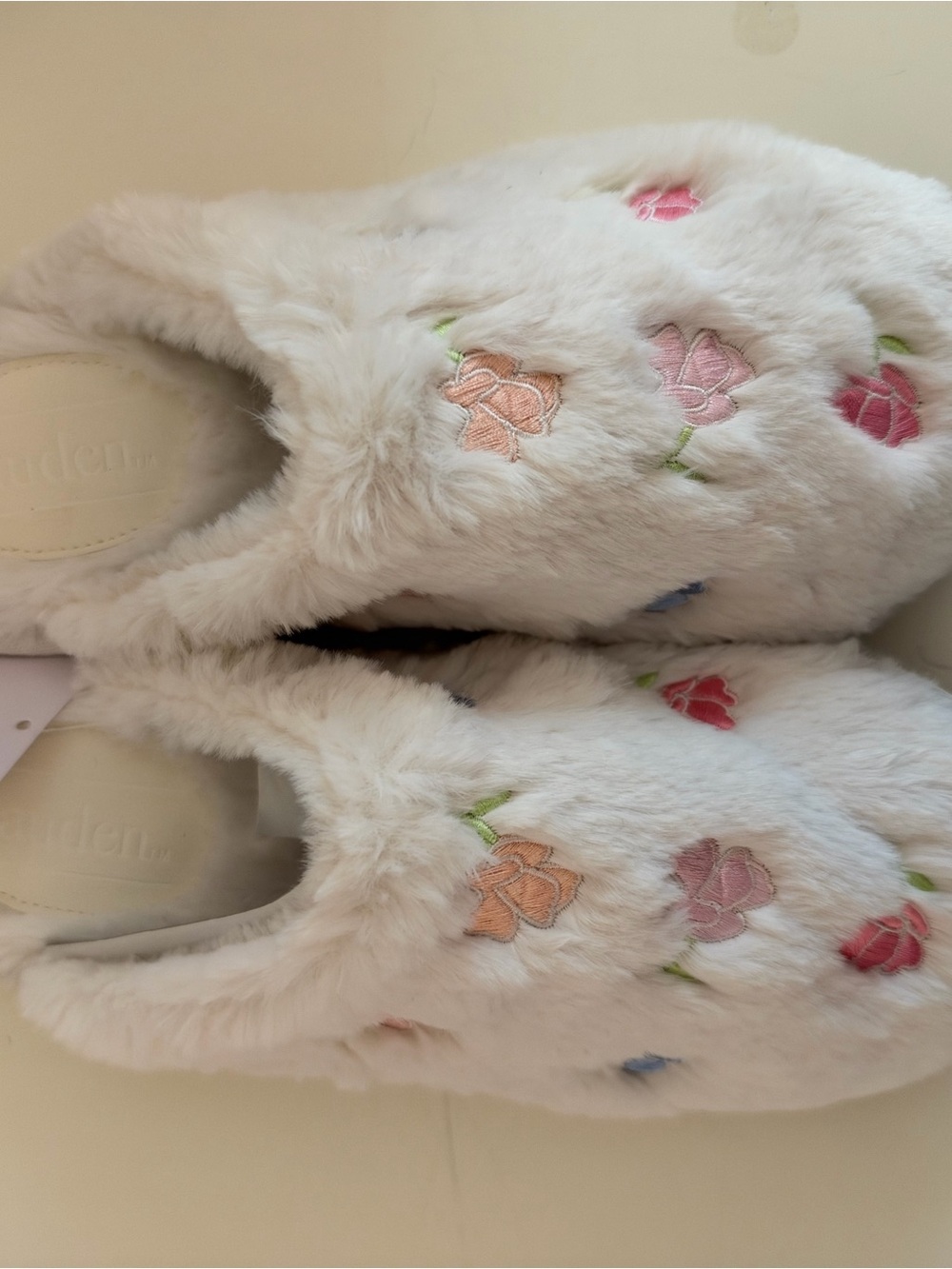 Target Faux Fur Slip-On Slippers with Pastel Floral Embroidery - White